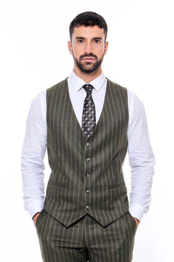 WSS Green Striped Slim-Fit Vested Suit  - Parkland