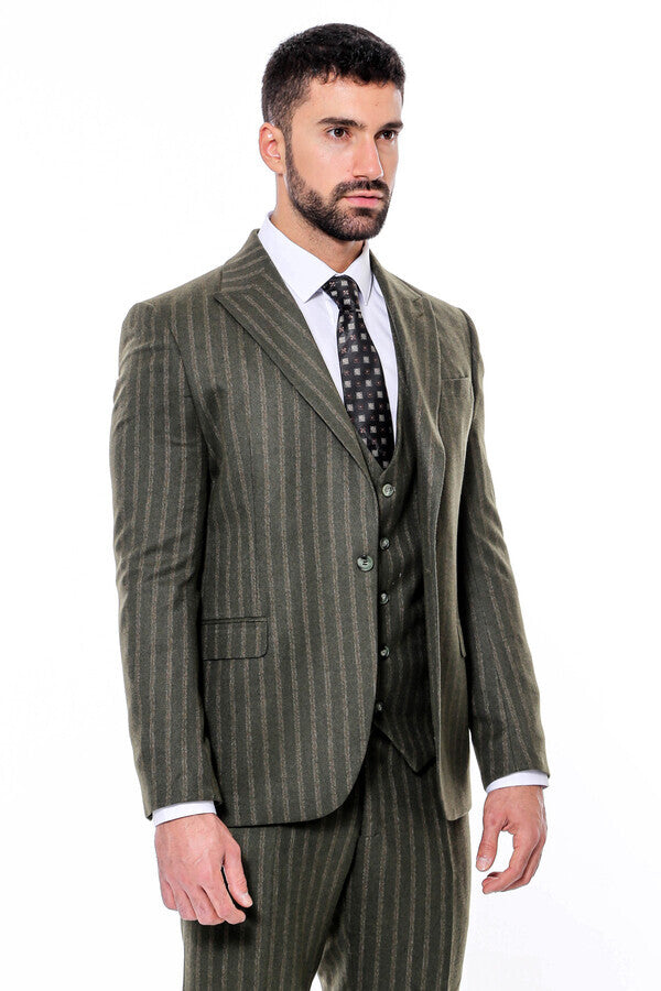 WSS Green Striped Slim-Fit Vested Suit  - Parkland