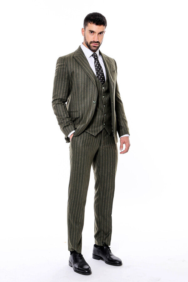 WSS Green Striped Slim-Fit Vested Suit  - Parkland