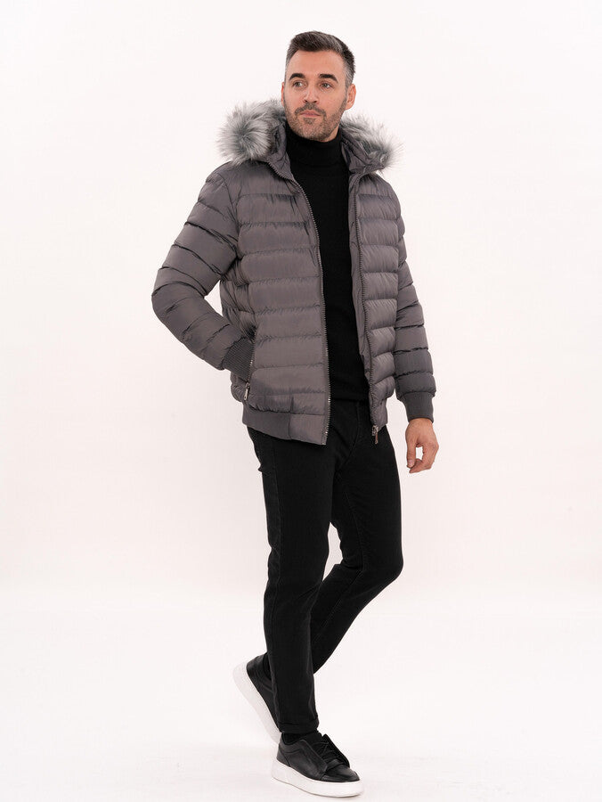 WSS Grey Men's Puffer Coat with Fur  - Macon