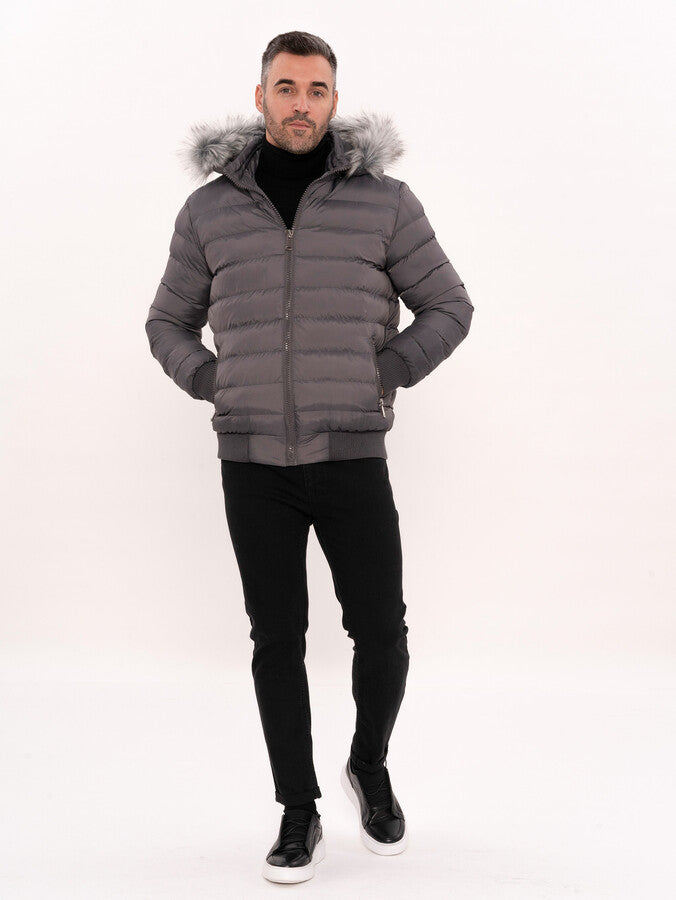 WSS Grey Men's Puffer Coat with Fur  - Macon