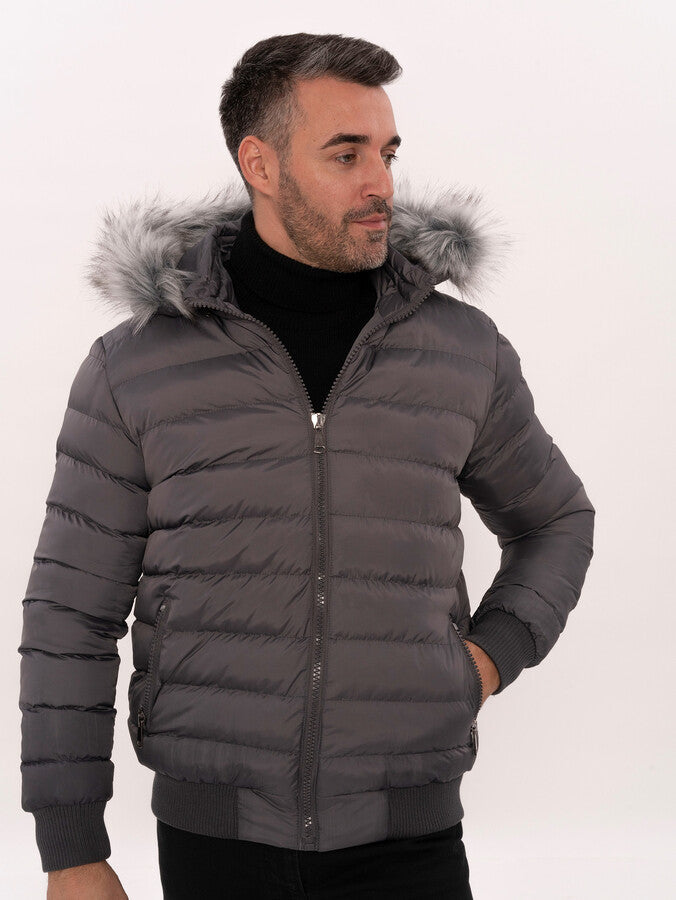 WSS Grey Men's Puffer Coat with Fur  - Macon