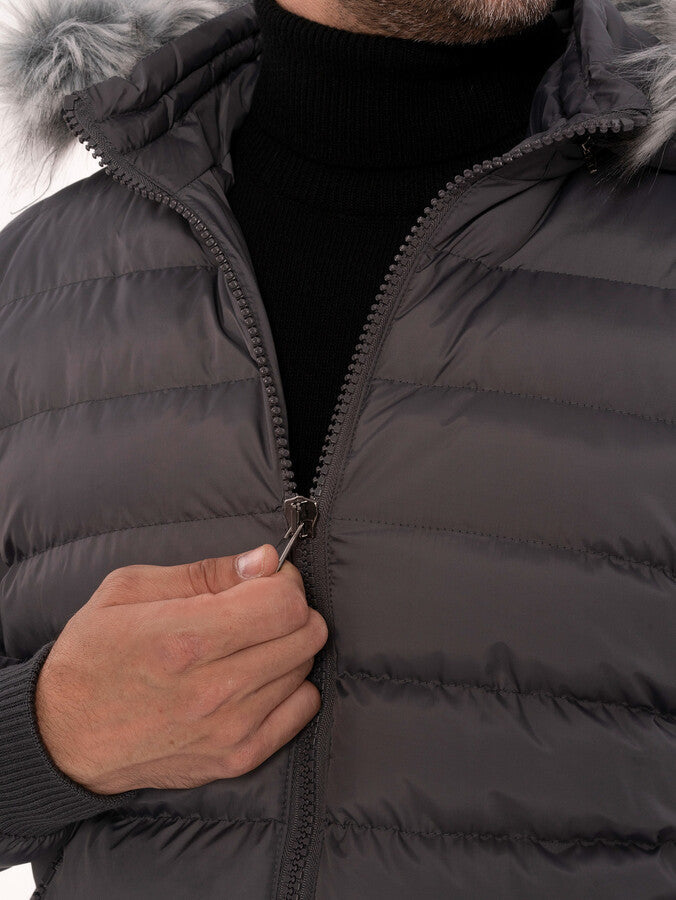 WSS Grey Men's Puffer Coat with Fur  - Macon