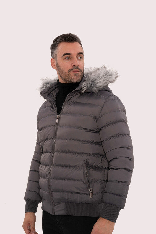 WSS Grey Men's Puffer Coat with Fur  - Macon