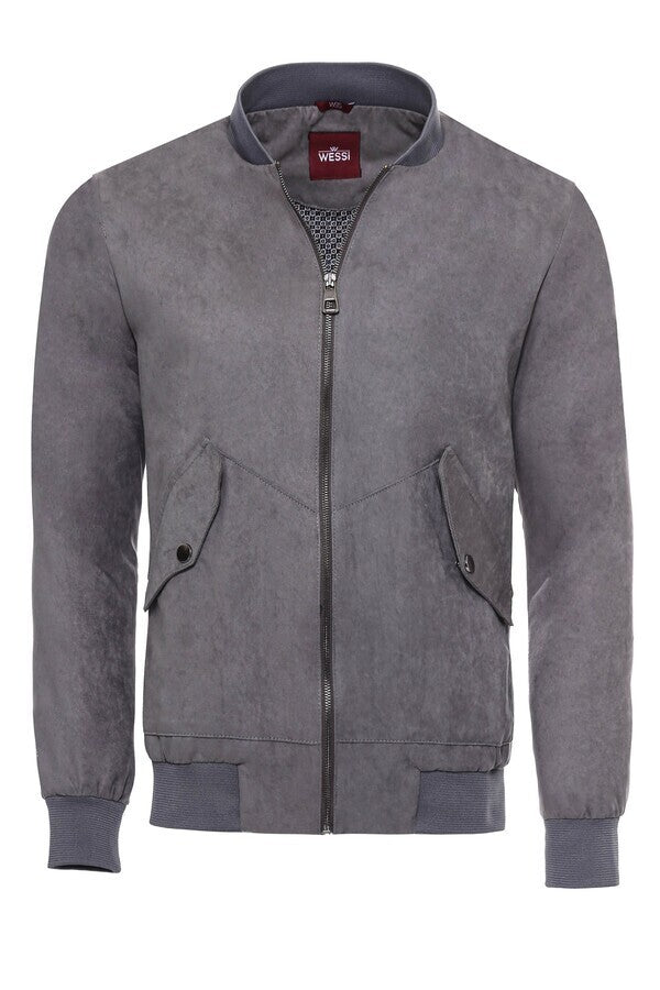 WSS Grey Patch Pockets Suede Bomber Coat  - Cary