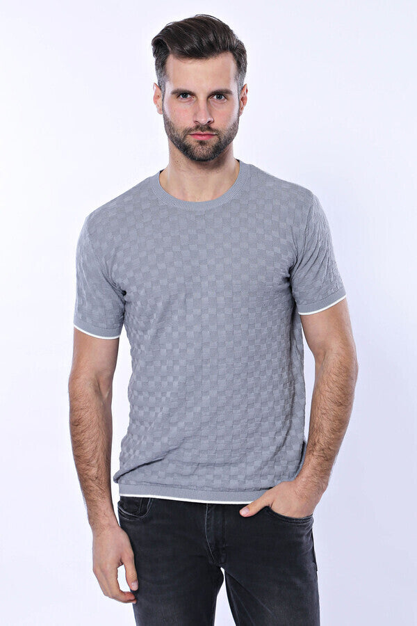 WSS Grey Patterned Tricot Knitted T-Shirt  - Vale de Cavalos