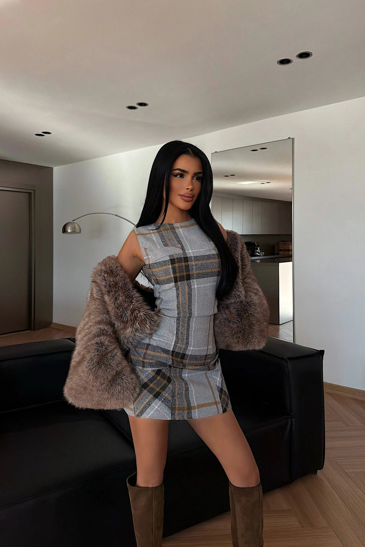 EYY Women Grey Plaid Sleeveless Dress - Chalco