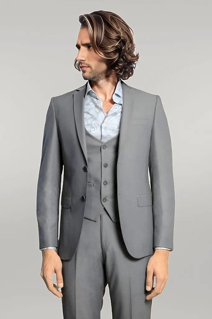WSS Grey Slim Fit Men's Suit with Vest  - Singen
