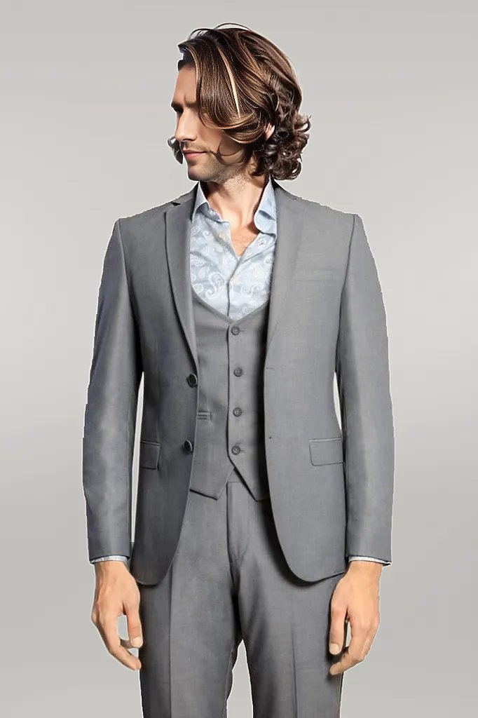 WSS Grey Slim Fit Men's Suit with Vest  - Singen