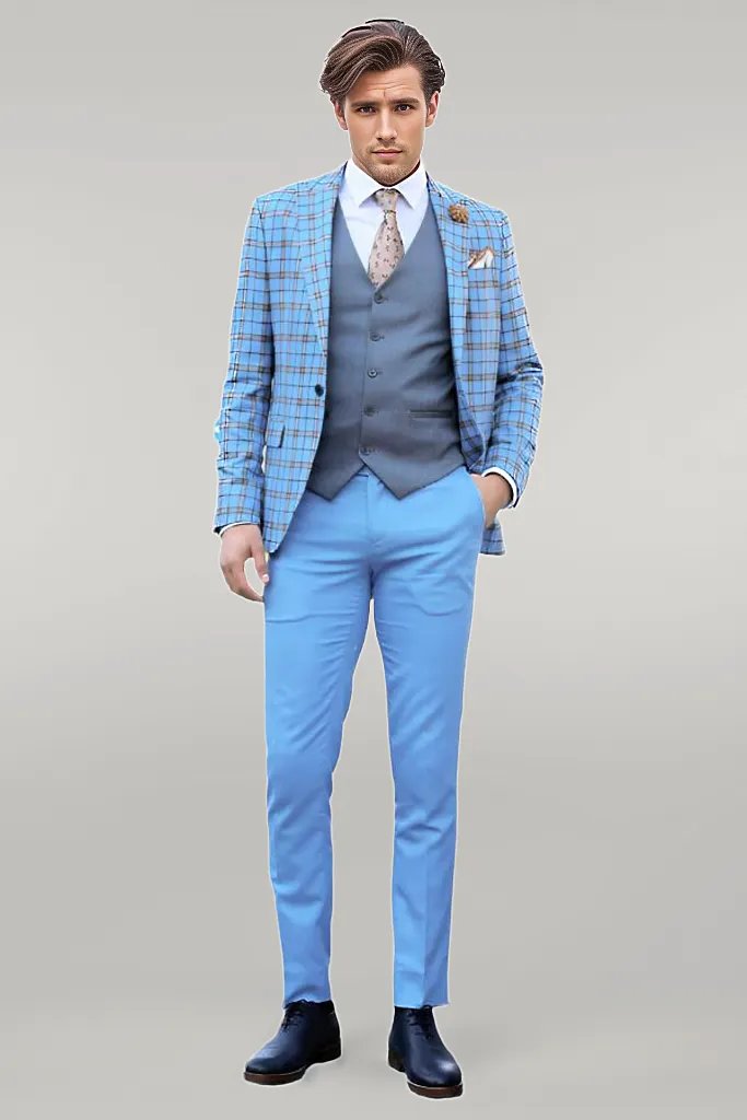 WSS Grey Vested Slim Fit Checked Light Blue Men Suit  - Singen
