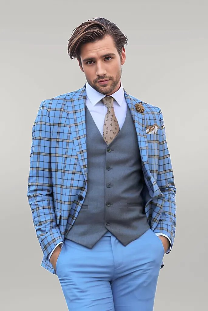 WSS Grey Vested Slim Fit Checked Light Blue Men Suit  - Singen