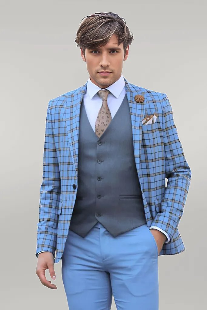 WSS Grey Vested Slim Fit Checked Light Blue Men Suit  - Singen