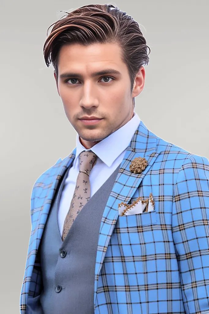 WSS Grey Vested Slim Fit Checked Light Blue Men Suit  - Singen