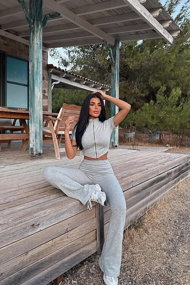 EYY Women Grey Zipper Detail Pants Set - Troy
