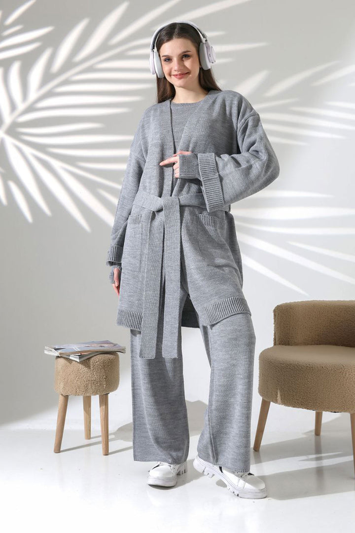 Gray Bicycle Collar Blouse, Cardigan, and Pants 3 Piece Knitwear Set BCES-252041 - Braunschweig