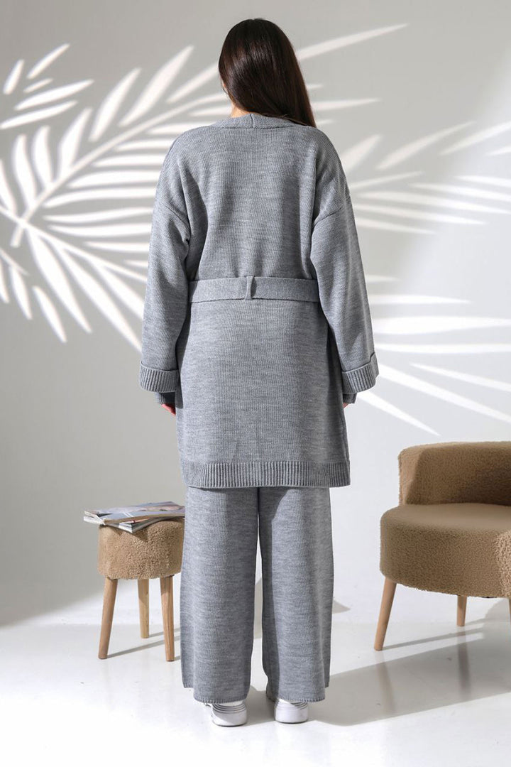 Gray Bicycle Collar Blouse, Cardigan, and Pants 3 Piece Knitwear Set BCES-252041 - Braunschweig
