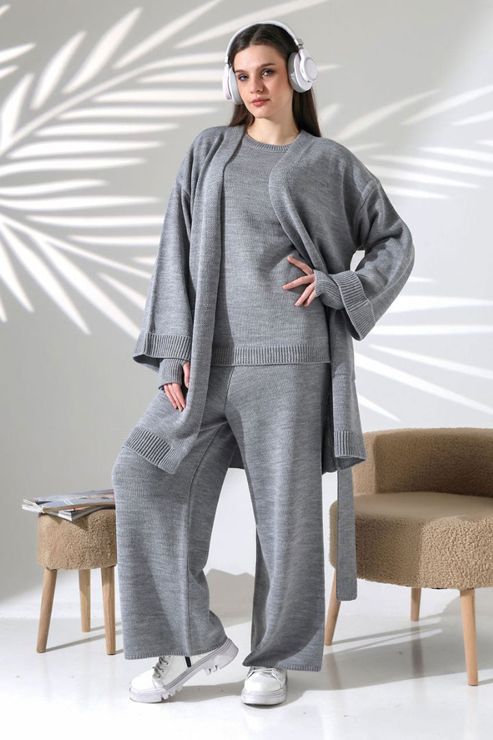 Gray Bicycle Collar Blouse, Cardigan, and Pants 3 Piece Knitwear Set BCES-252041 - Braunschweig