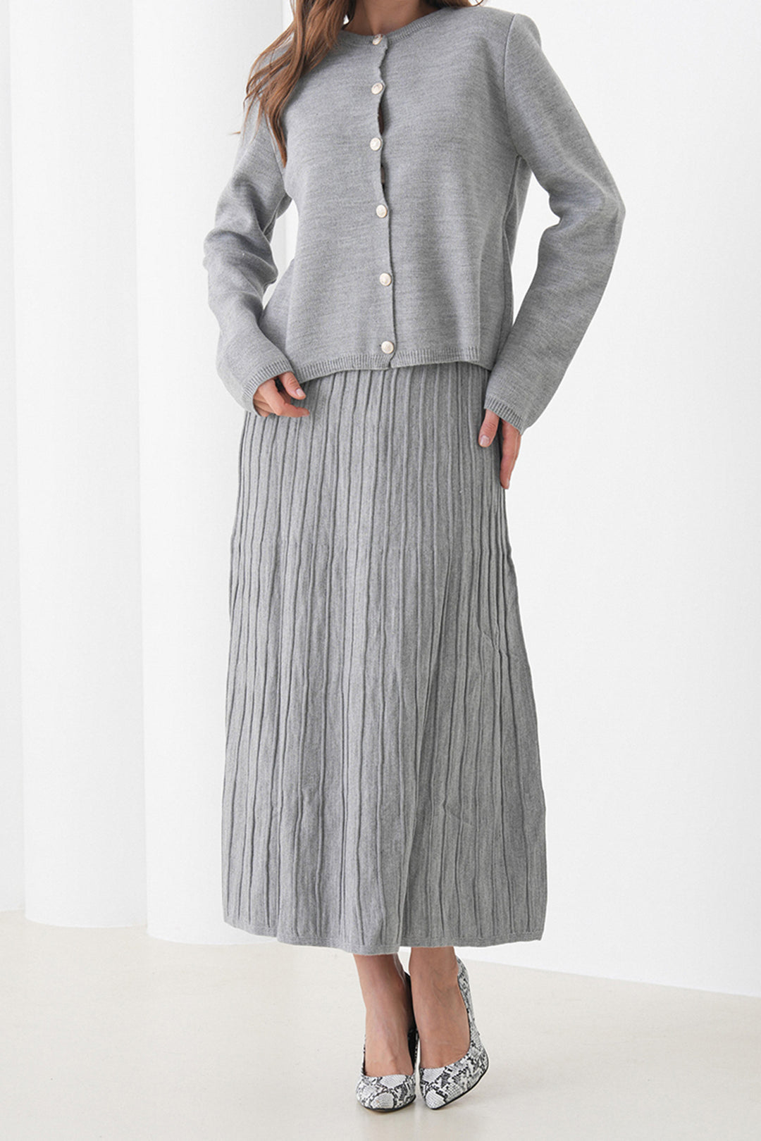Gray Bicycle Collar Buttoned Cardigan and Pleated Midi Skirt Set BCHPK-251252 - St. Peters