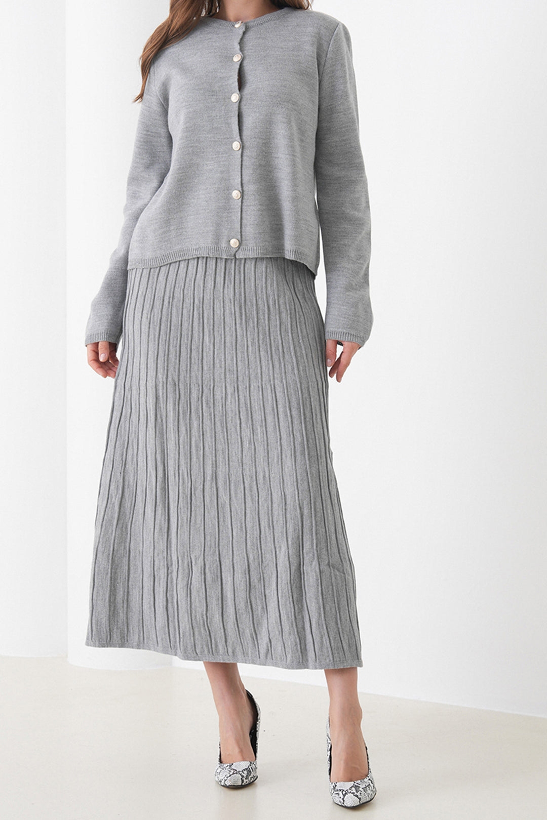 Gray Bicycle Collar Buttoned Cardigan and Pleated Midi Skirt Set BCHPK-251252 - St. Peters