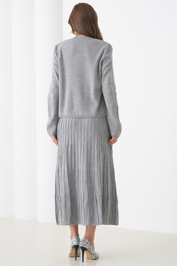 Gray Bicycle Collar Buttoned Cardigan and Pleated Midi Skirt Set BCHPK-251252 - St. Peters