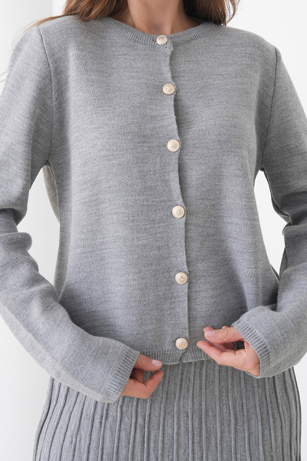 Gray Bicycle Collar Buttoned Cardigan and Pleated Midi Skirt Set BCHPK-251252 - St. Peters