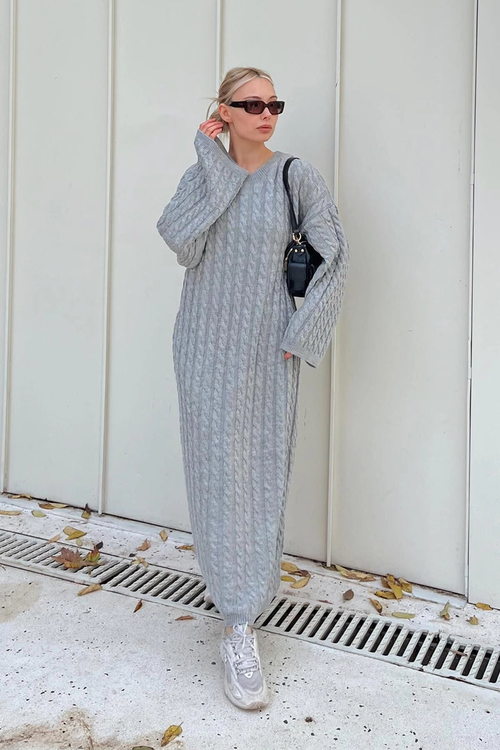 Gray Bicycle Collar Hair Braided Midi Length Winter Knit Dress BCVL-T24ELB1 - North Bethesda