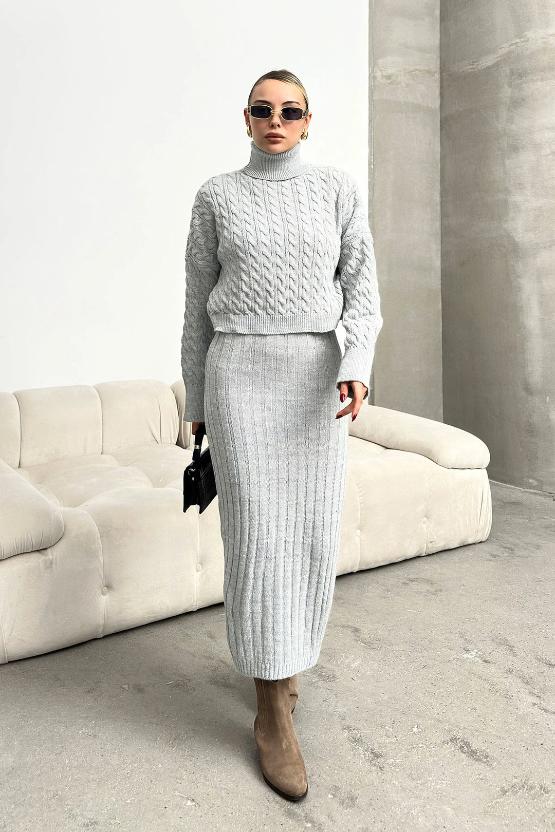 Gray Turtleneck Knitted Crop Sweater and Knitted Dress Set with Cable Pattern BC231004 - Filderstadt