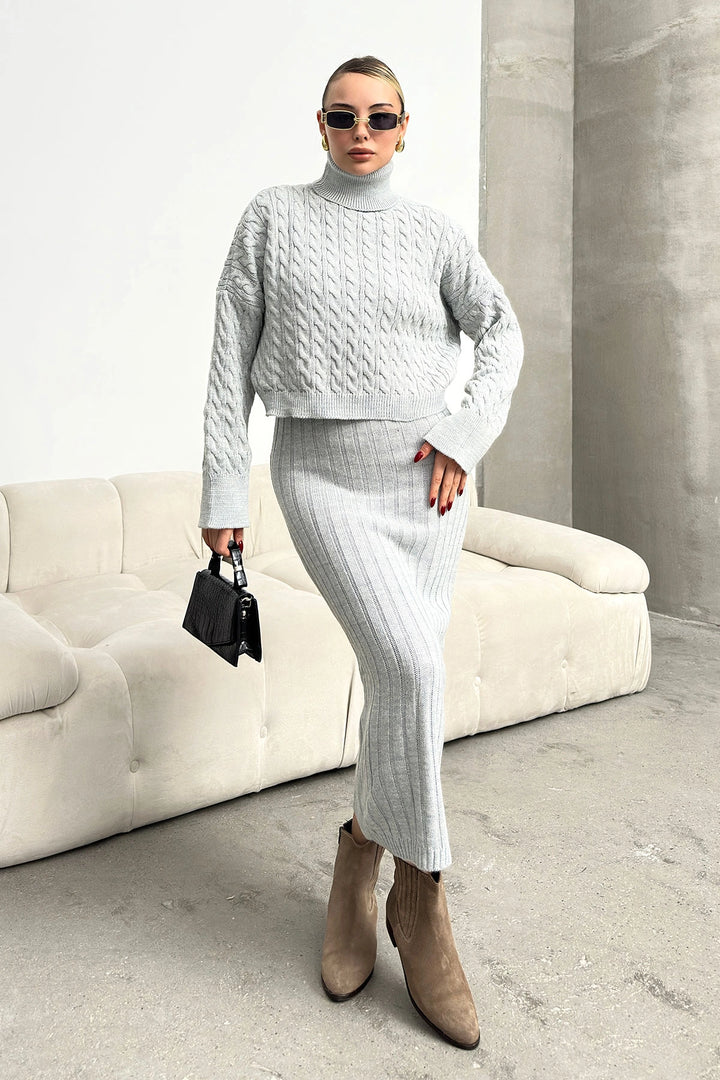 Gray Turtleneck Knitted Crop Sweater and Knitted Dress Set with Cable Pattern BC231004 - Filderstadt