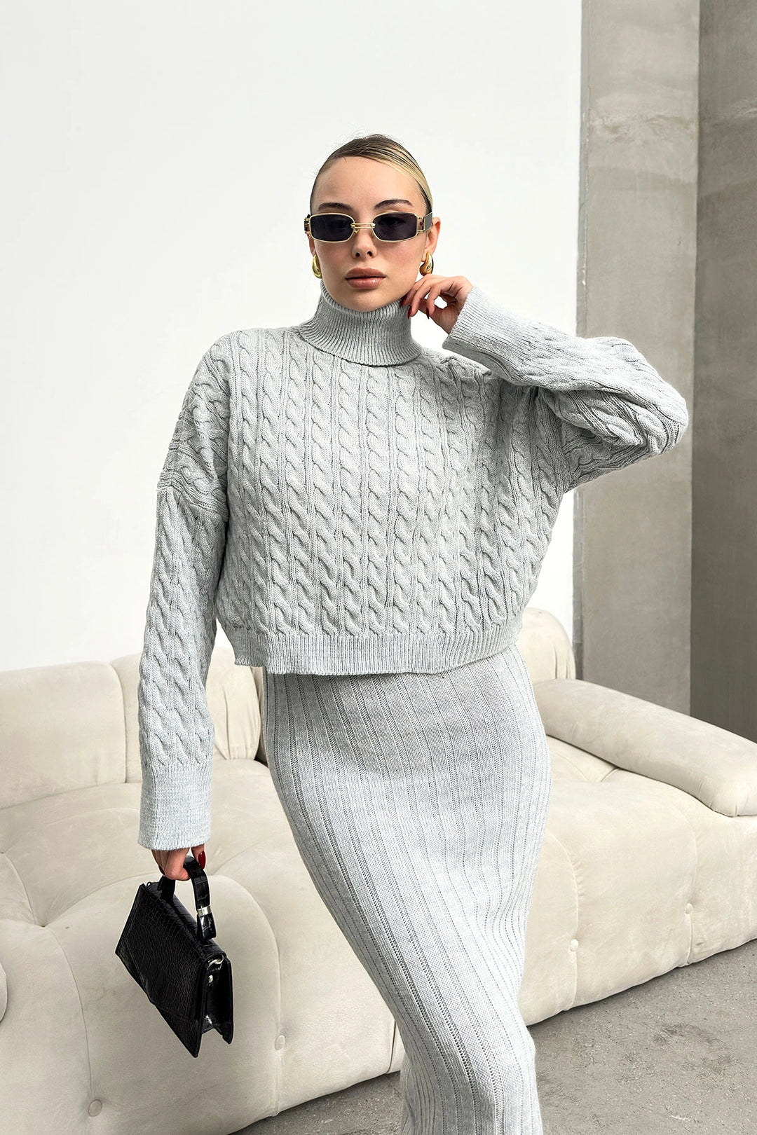 Gray Turtleneck Knitted Crop Sweater and Knitted Dress Set with Cable Pattern BC231004 - Filderstadt