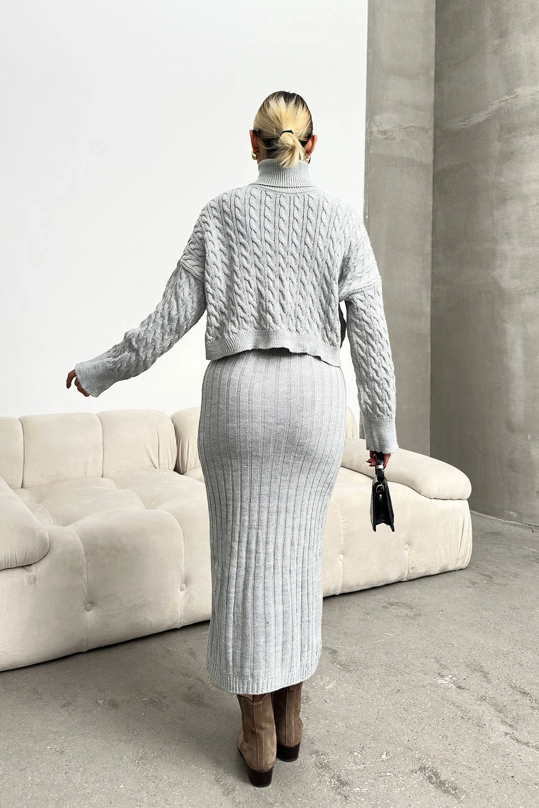 Gray Turtleneck Knitted Crop Sweater and Knitted Dress Set with Cable Pattern BC231004 - Filderstadt