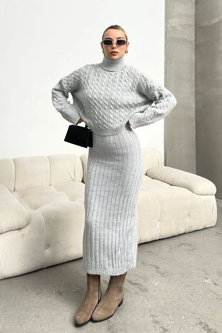 Gray Turtleneck Knitted Crop Sweater and Knitted Dress Set with Cable Pattern BC231004 - Filderstadt