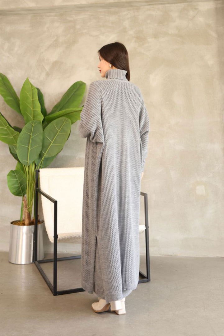Gray High Neck Long Sleeve Knit Dress and Long Cardigan Hijab Top Bottom Knit Set BCES-252039 - Southampton