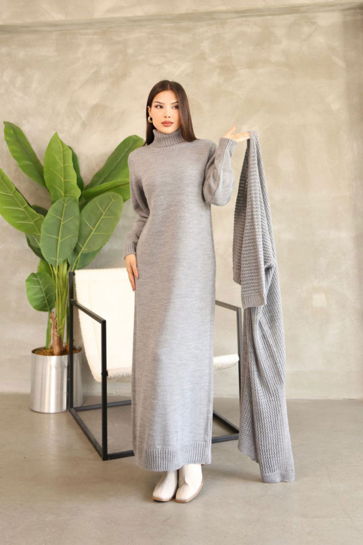Gray High Neck Long Sleeve Knit Dress and Long Cardigan Hijab Top Bottom Knit Set BCES-252039 - Southampton