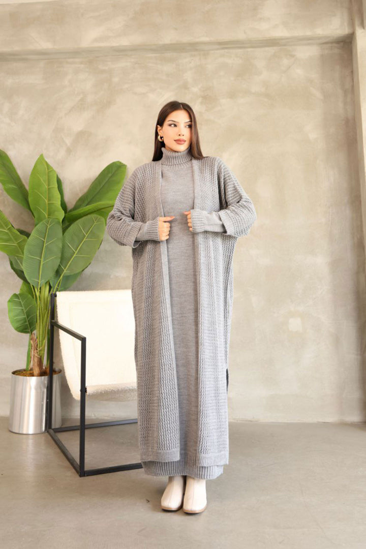 Gray High Neck Long Sleeve Knit Dress and Long Cardigan Hijab Top Bottom Knit Set BCES-252039 - Southampton
