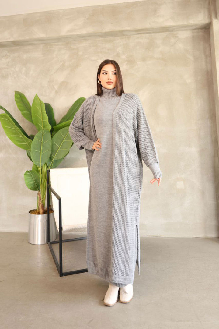 Gray High Neck Long Sleeve Knit Dress and Long Cardigan Hijab Top Bottom Knit Set BCES-252039 - Southampton