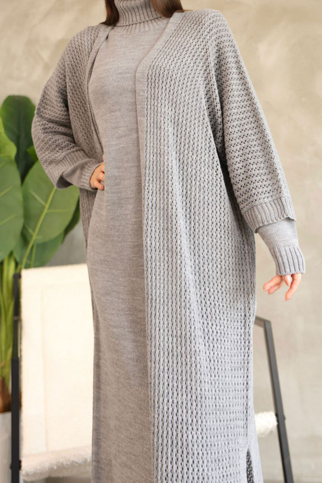 Gray High Neck Long Sleeve Knit Dress and Long Cardigan Hijab Top Bottom Knit Set BCES-252039 - Southampton
