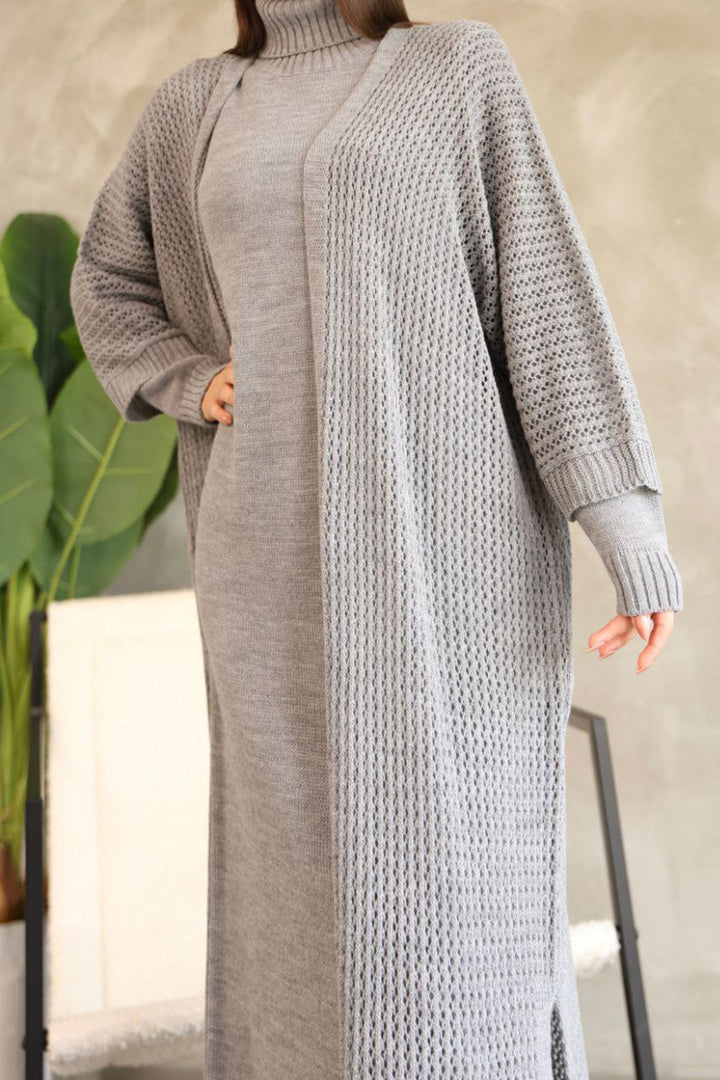 Gray High Neck Long Sleeve Knit Dress and Long Cardigan Hijab Top Bottom Knit Set BCES-252039 - Southampton