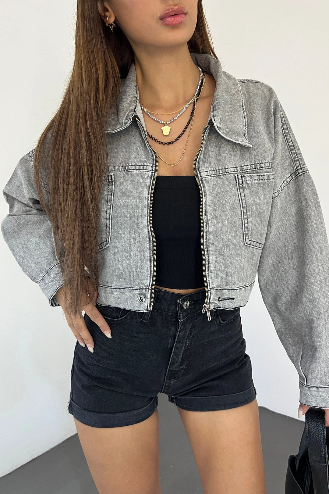 Gray Double Pocket Zippered Washed Crop Denim Jacket BCDF-235410 - Bartlett