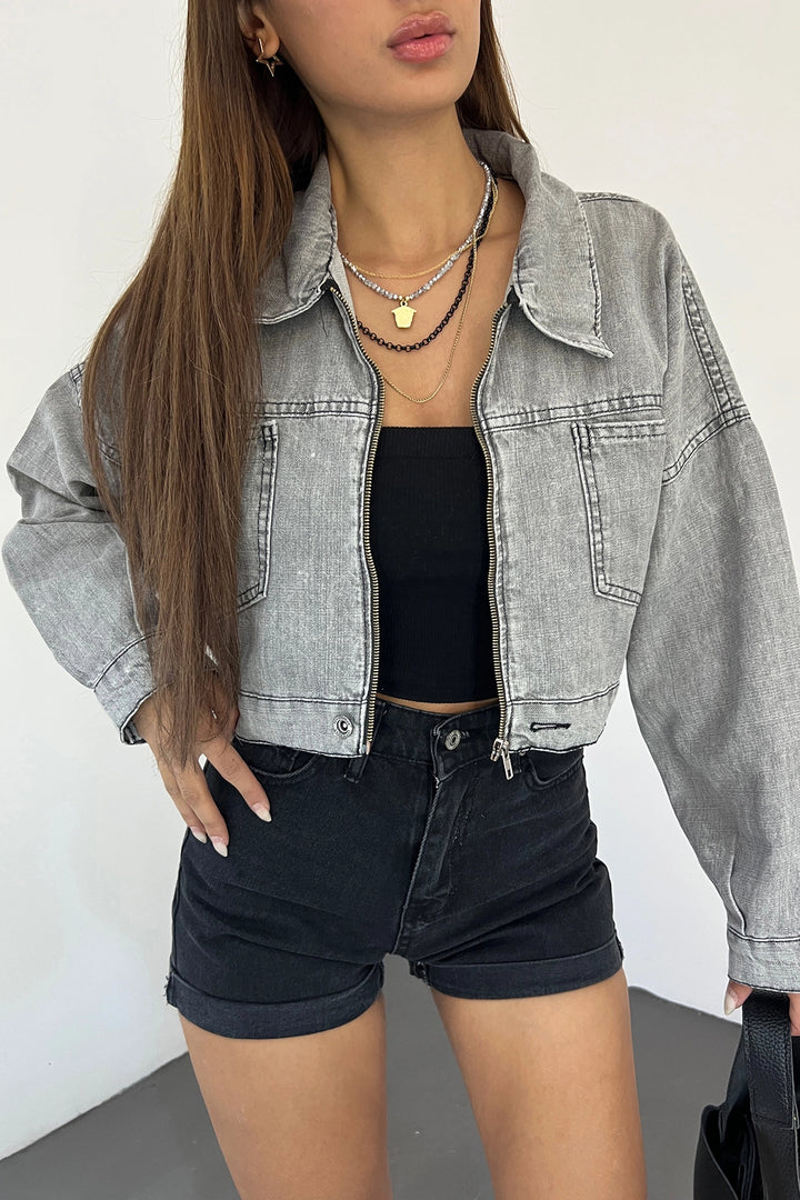 Gray Double Pocket Zippered Washed Crop Denim Jacket BCDF-235410 - Bartlett