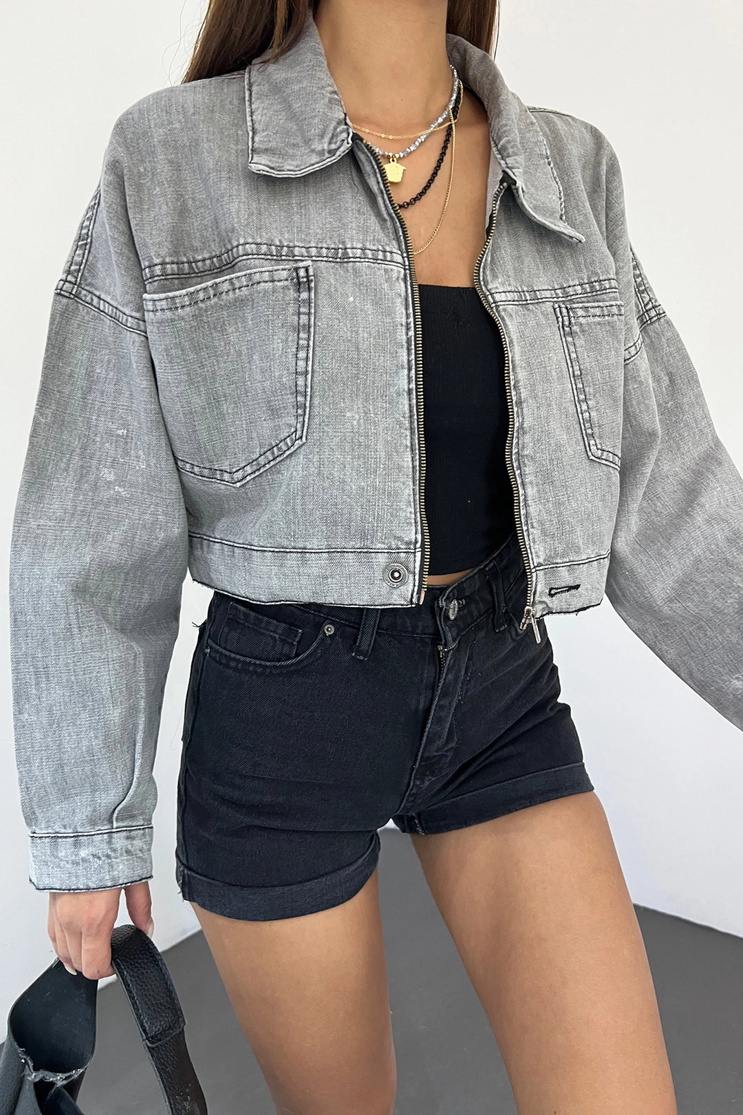 Gray Double Pocket Zippered Washed Crop Denim Jacket BCDF-235410 - Bartlett