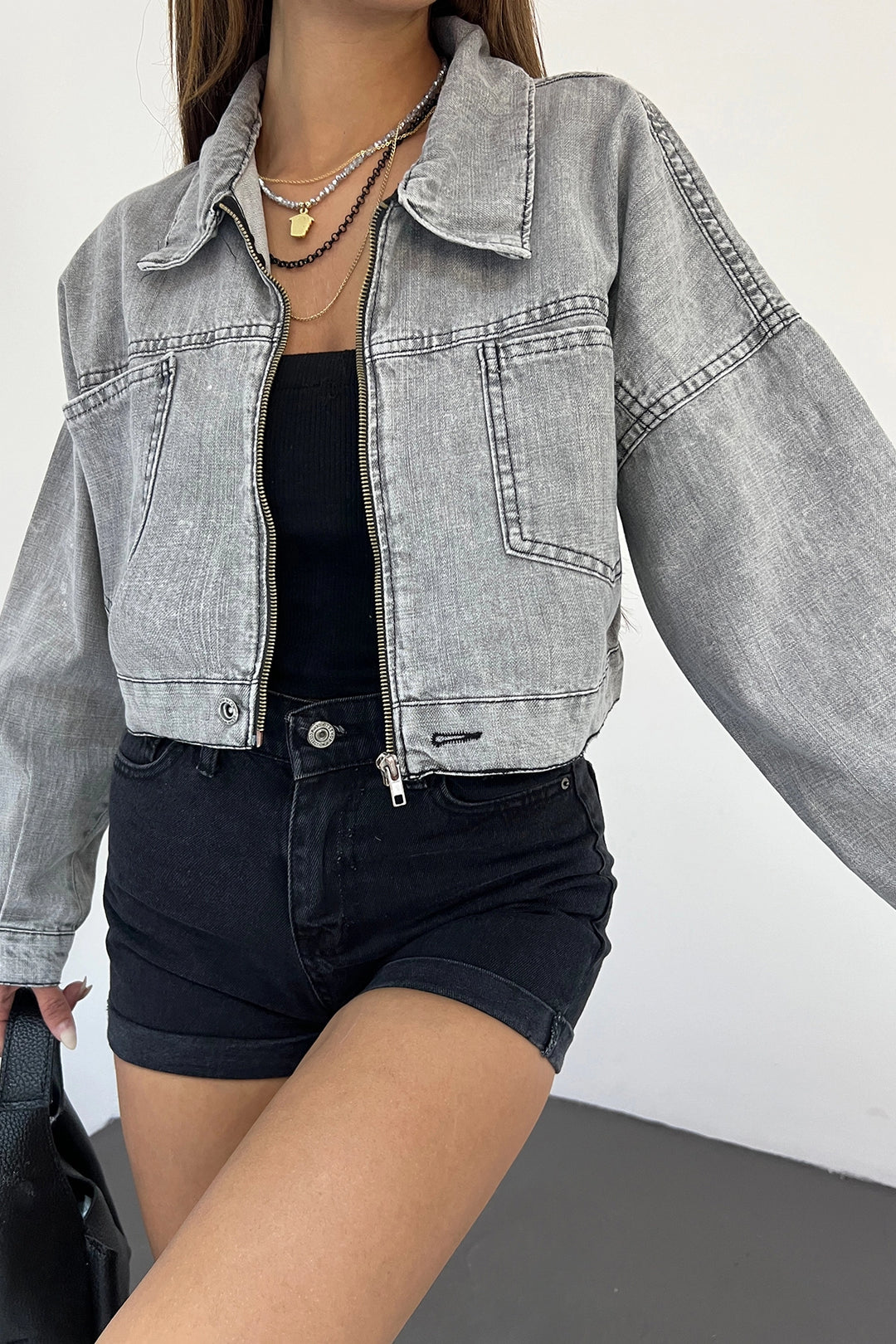 Gray Double Pocket Zippered Washed Crop Denim Jacket BCDF-235410 - Bartlett