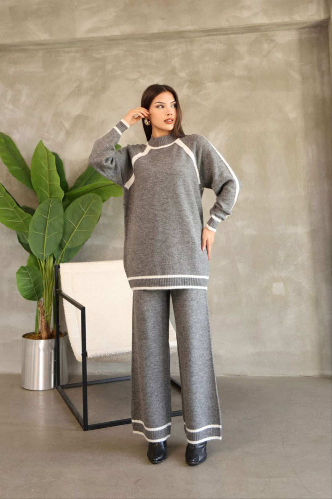 Gray Line Detailed Bicycle Collar Tunic and Wide Leg Knit Top Set BCES-252030 - Donostia