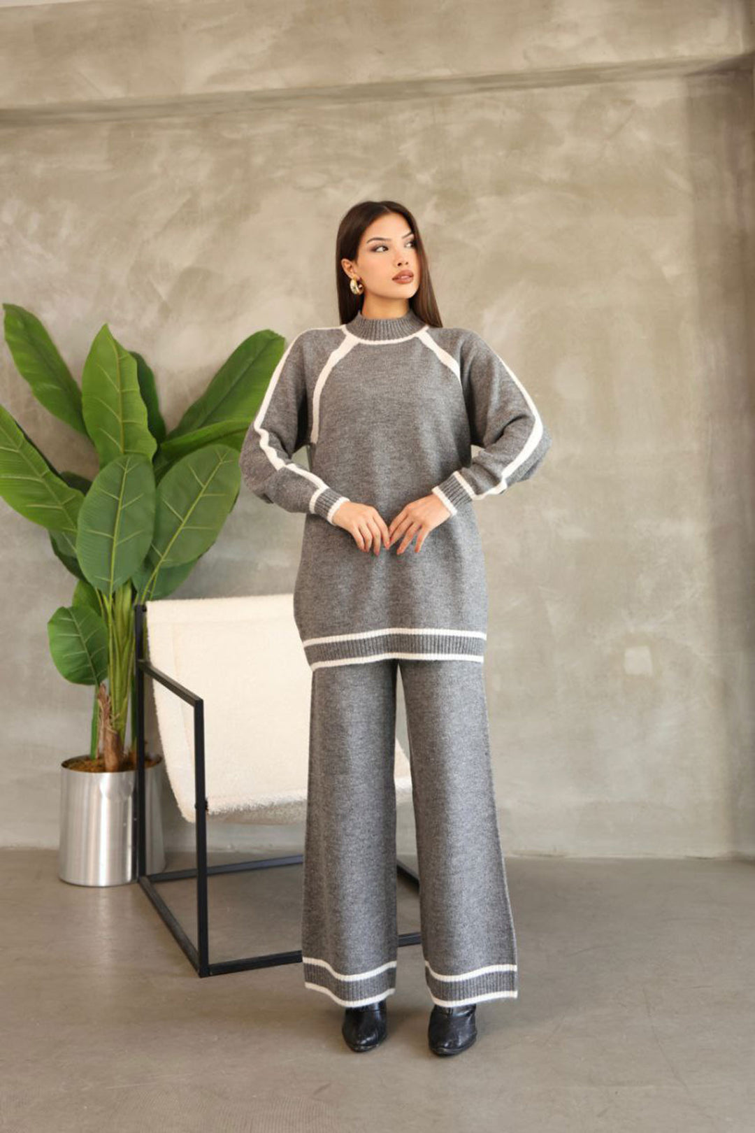 Gray Line Detailed Bicycle Collar Tunic and Wide Leg Knit Top Set BCES-252030 - Donostia