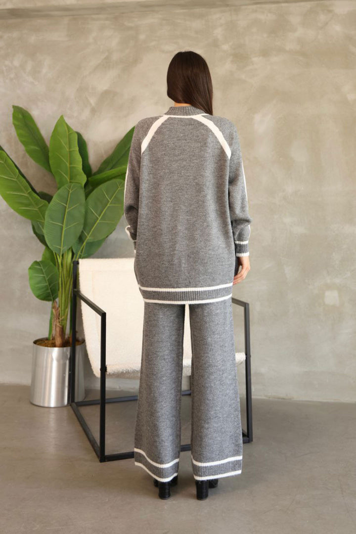 Gray Line Detailed Bicycle Collar Tunic and Wide Leg Knit Top Set BCES-252030 - Donostia