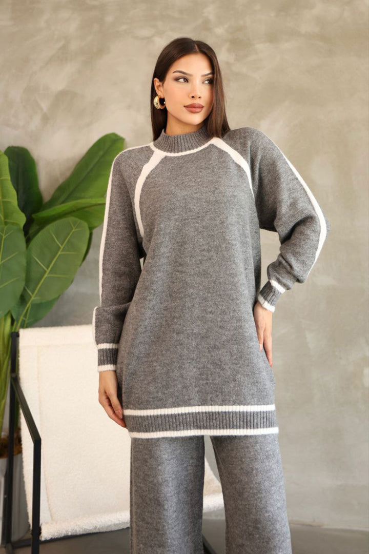 Gray Line Detailed Bicycle Collar Tunic and Wide Leg Knit Top Set BCES-252030 - Donostia