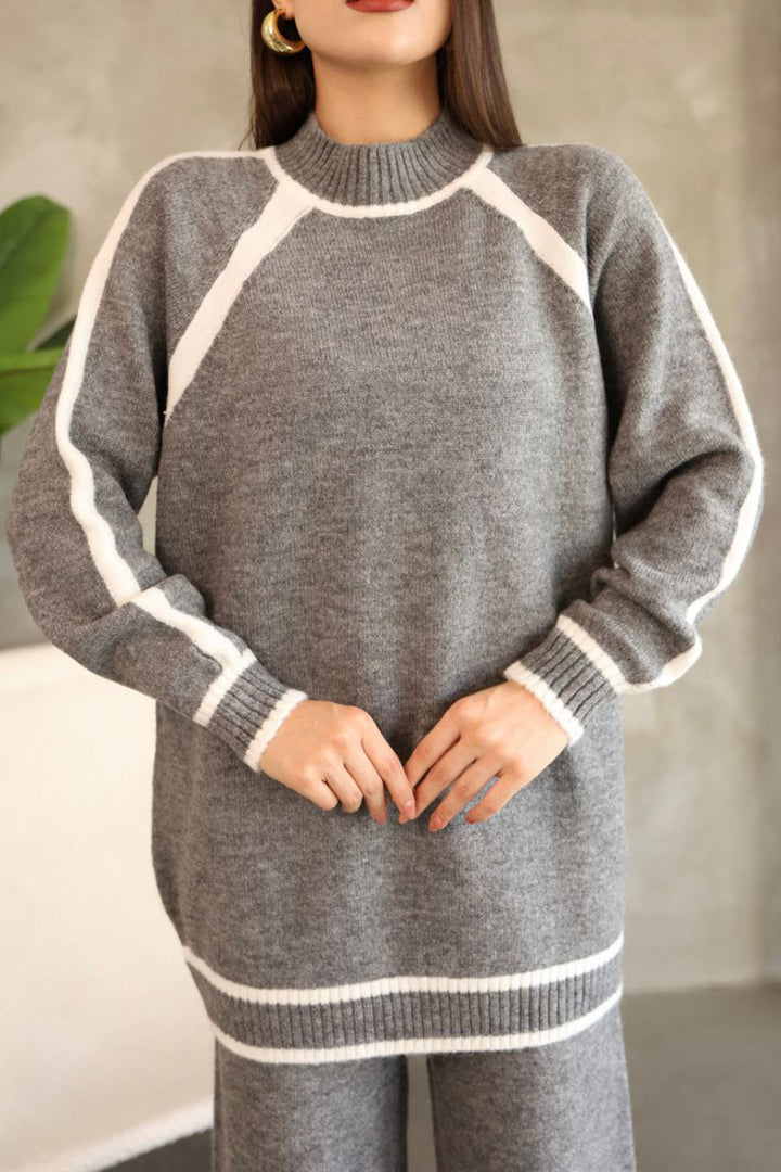 Gray Line Detailed Bicycle Collar Tunic and Wide Leg Knit Top Set BCES-252030 - Donostia