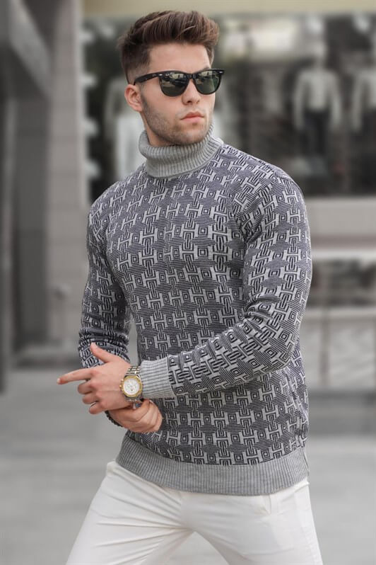 MDX Gray Patterned Fisherman Collar Sweater 5768 - Altamura