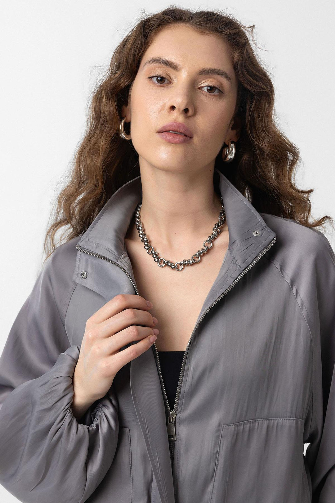 ANT Antioch Gray V-neck Slim Woman Bomber Jacket - Leonberg