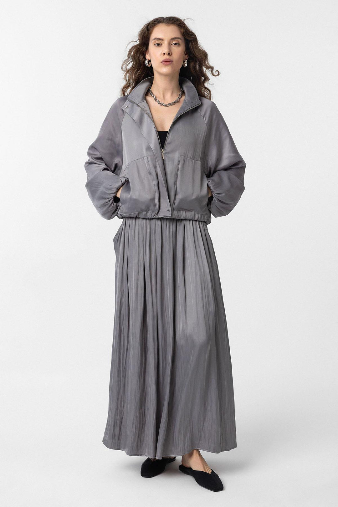 ANT Antioch Gray V-neck Slim Woman Bomber Jacket - Leonberg