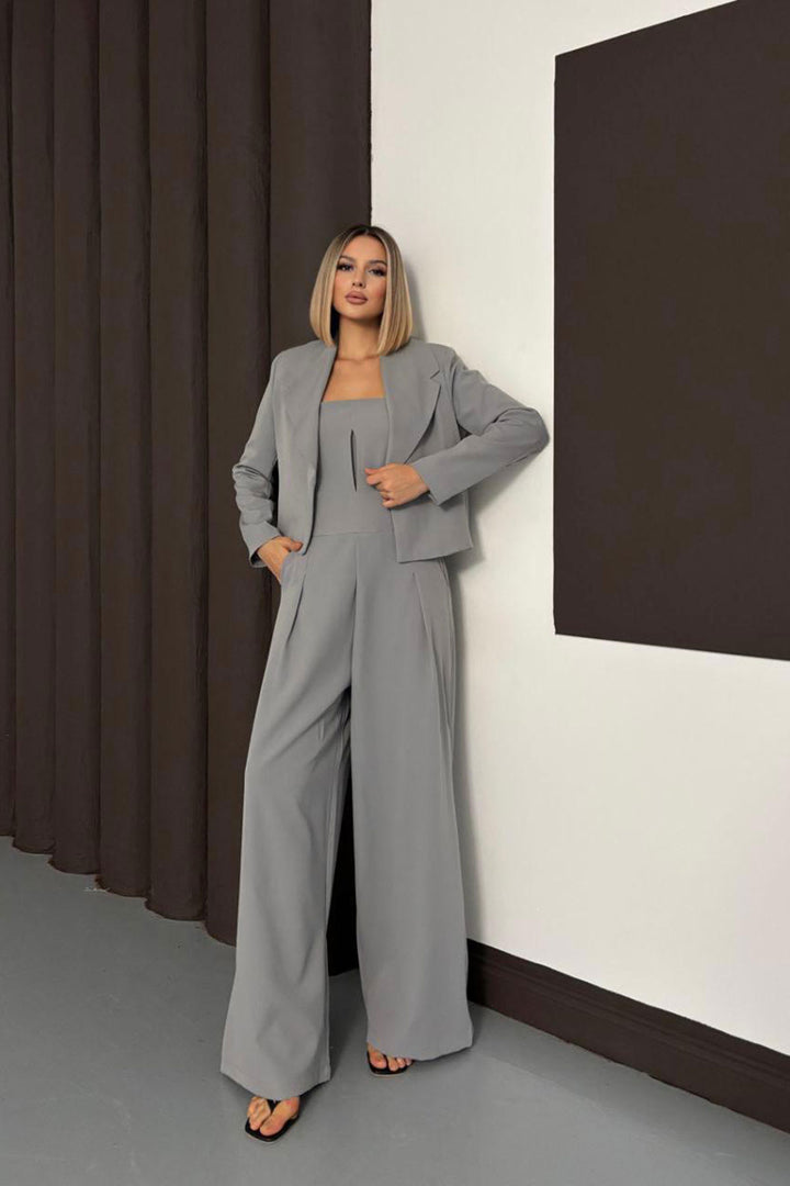 Gray Woven Jacket and Strapless Jumpsuit with Double Pockets Set BCHN-254004 - Friedrichshafen